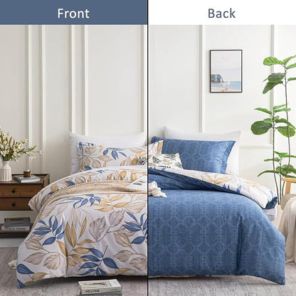 Blue Botanical Cotton Comforter Queen Size - 3PC Lightweight Bedding Sets with Ultra-Soft Alternative Fill, Reversible Design with Leaf Pattern, Dark Blue & White (1 Comforter, 2 Pillowshams)