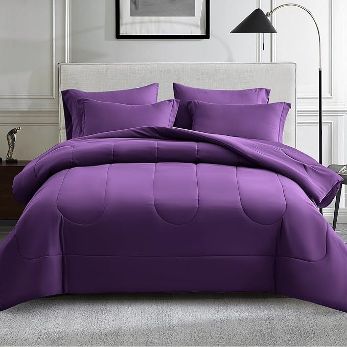 Maple&Stone Purple Comforter Set King, 7 Pieces Bed in a Bag - Down Alternative Bed Set with Comforter, Sheets, Pillowcases & Shams, All Season Lightweight Bedding Set, Purple