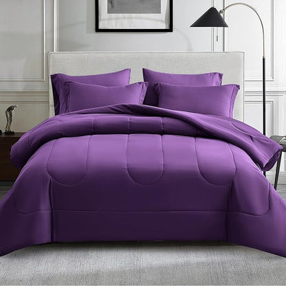 Maple&Stone Purple Comforter Set King, 7 Pieces Bed in a Bag - Down Alternative Bed Set with Comforter, Sheets, Pillowcases & Shams, All Season Lightweight Bedding Set, Purple
