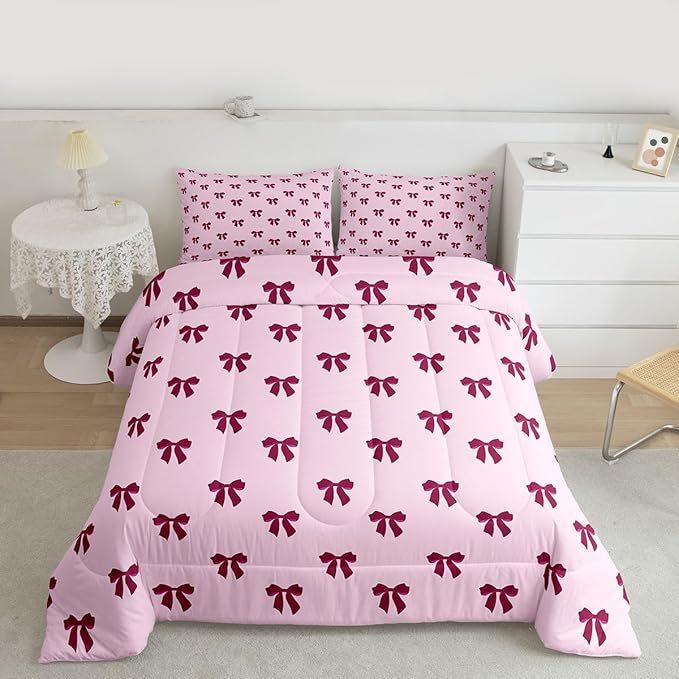 Erosebridal Pink Bow Bedding Set Queen Size Coquette Bows Comforter Set for Kids Teen Girls Women Bedroom Cute Preppy Bowknot Quilt Duvet Modern Trendy Girly Aesthetic Comforter