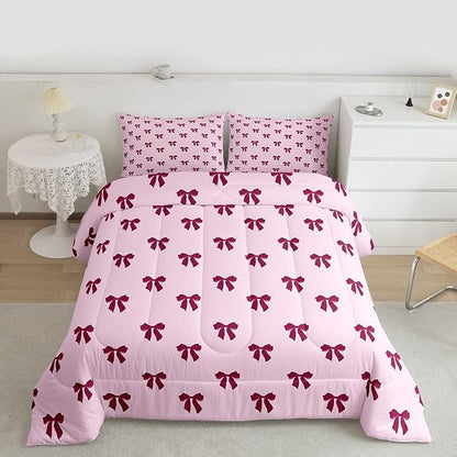 Erosebridal Pink Bow Bedding Set Queen Size Coquette Bows Comforter Set for Kids Teen Girls Women Bedroom Cute Preppy Bowknot Quilt Duvet Modern Trendy Girly Aesthetic Comforter