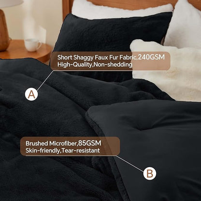 BEDELITE Faux Fur Fleece Twin Comforter Set - Fluffy & Warm Black Comforter Twin Size，Ultra Soft and Cozy Winter Bedding Set,Fuzzy Thick Bed Set,1 Comforter and 1 Pillowcase