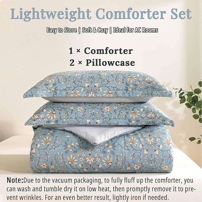 Smoky Blue Botanical Cotton Comforter Queen Size - 3PC Lightweight Bedding Sets with Soft Fill, Luxurious Vintage-Inspired Floral Patterns, Light Gray Striped Reversible Design