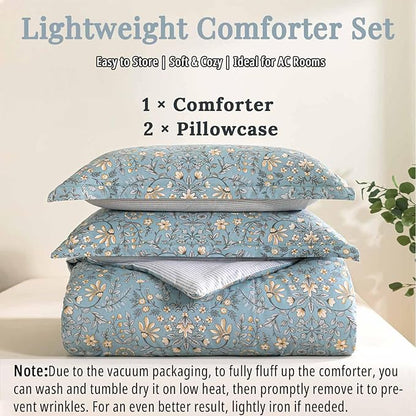 Smoky Blue Botanical Cotton Comforter Queen Size - 3PC Lightweight Bedding Sets with Soft Fill, Luxurious Vintage-Inspired Floral Patterns, Light Gray Striped Reversible Design