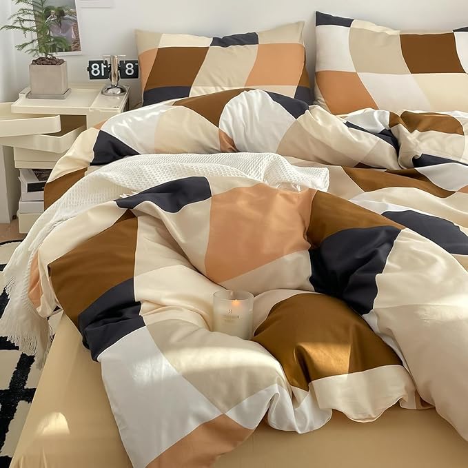KAREVER Checkerd Comforter Brown Twin Multicolored Grid Bedding Kids Khaki Grid Bed Blanket White Black Plaid Buffalo Girls Twin Bedding Comforter All Season Hotel Quality