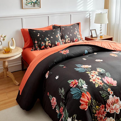 Joyreap 7 Piece Bed in a Bag King, Floral Comforter Sheet Set, Black n Orange Flowers Design, All Season Microfiber Bedding Comforter Set