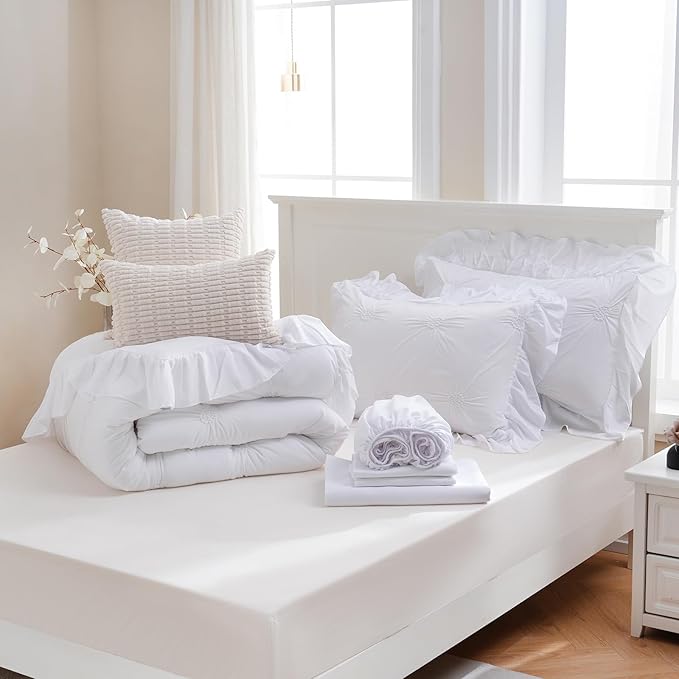 Bedbay White Ruffle Comforter Set Queen Size Boho Comforter Ruched Bedding 9 Pcs Queen Bed in a Bag Pintuck Pinch Pleat Bedding Set Elegant Ruffle Farmhouse Bed Set for All Seasons