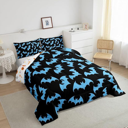 Erosebridal Blue Bat King Bedding Set Halloween Bat Comforter Set Spooky Goth Gothic Animal Bed Collections Horror Halloween Duvet Quilt Sets for Kids Teens Adults