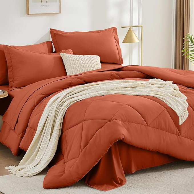 FUANNA 7 Pieces Queen Comforter Set, All Season Bed in a Bag Queen Size, Luxury Soft Bedding Sets with Comforter, Flat Sheet, Fitted Sheet, Pillowcases & Pillow Shams, Burnt Orange