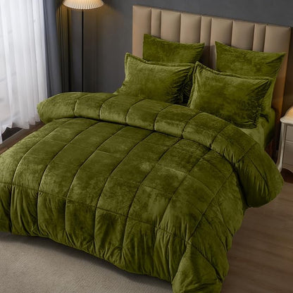 PHF Double-Sided Velvet Comforter Set King Size, 5 Piece Soft Luxury Winter Warm Bedding Sets, Modern Bed in A Bag Including 1 Cozy Comforter, 2 Pillow Shams,2 Euro Shams for Home Decor, Olive Green