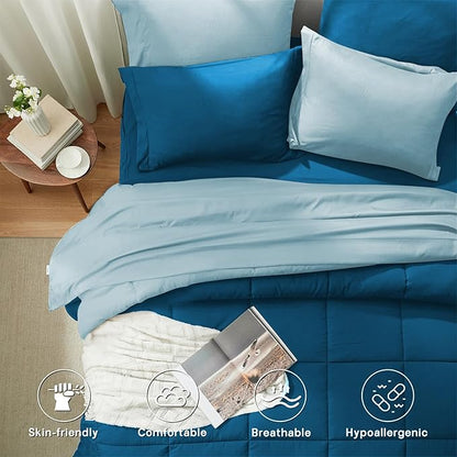 Anluoer Full Comforter Set,Teal&Light Blue Bed in a Bag 7 Piece,Lightweight Bedding Set with Soft Down Alternative Fill,Bed Set Includes Comforter, Fitted Sheet, Flat Sheet,Pillowcases and Shams