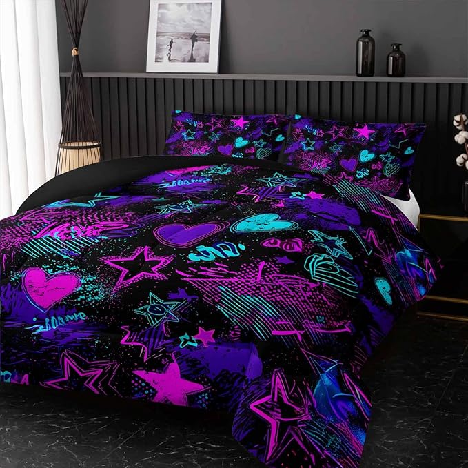 Purple Stars Comforter Set Queen Size,Galaxy Starry Printed Bedding Set,Purple Stars Room Decor with Soft and Lightweight Comforter and 2 Pillowcases