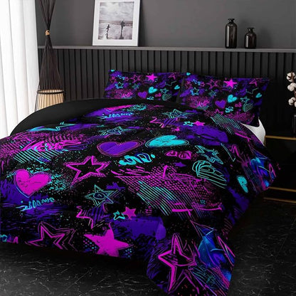 Purple Stars Comforter Set Queen Size,Galaxy Starry Printed Bedding Set,Purple Stars Room Decor with Soft and Lightweight Comforter and 2 Pillowcases