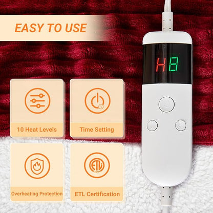Heated Blanket Electric Full, Soft Flannel Heating Blanket with 8 Hours Auto Off 10 Fast Heating Levels Machine Washable Sherpa Heated Blanket with Overheating Protection