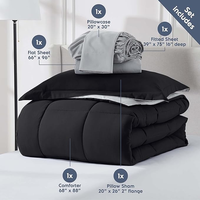 Nestl 5 Piece Twin Comforter Set – Black Reversible Bed in a Bag – Complete Twin Size Bedding Set with Sheets, Pillowcase and Sham