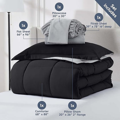 Nestl 5 Piece Twin Comforter Set – Black Reversible Bed in a Bag – Complete Twin Size Bedding Set with Sheets, Pillowcase and Sham