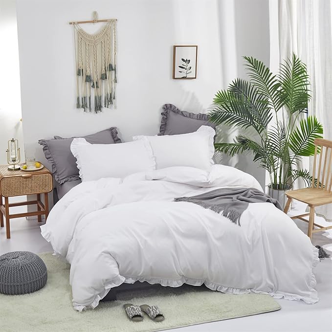 CLOTHKNOW White Ruffles California King Comforter Sets Farmhouse Bedding Comforter Sets Shabby Chic Comforter Vintage Rustic Comforters