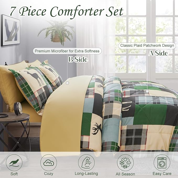 Comforter Set Queen Size Plaid Patchwork Comforter Bedding-7 Piece Bed in a Bag,Rustic Soft Reversible Microfiber Bedding Set(1 Comforter,1 Flat Sheet,1 Fitted Sheet,2 Pillowcases,2 Pillow Shams)Green