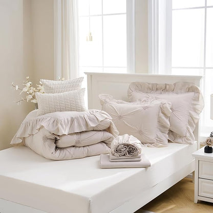 Bedbay Beige Ruffle Comforter Set Queen Size Ruched Bedding 9 Pcs Queen Bed in a Bag Pintuck Pinch Pleat Bedding Set Elegant Ruffle Farmhouse Boho Comforter Bed Set for All Seasons