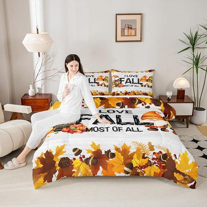 Erosebridal Gnomes Pumpkin Bedding Set Rustic Farmhouse Fall Theme Comforter Set Full Size Thanksgiving Harvest Season Quilt Bedding Maple Leaf Pinecone Decor Bed Duvet Soft Lightweight Bedroom Decor