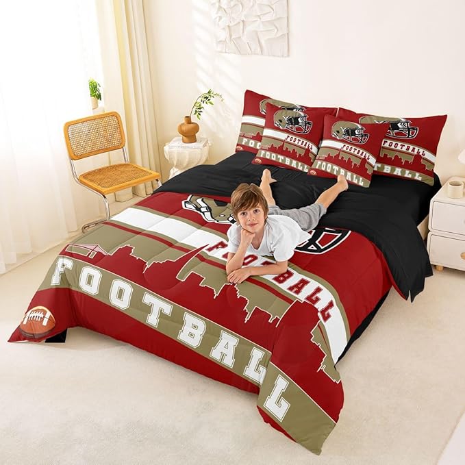 Erosebridal Football 7 Pcs Comforter Set King Football Fans Bedding for Boys Girls Football City Sheet Set Bed in A Bag Red Rugby Competition Room Decor Sports Ball Game Quilt