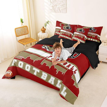 Erosebridal Footballs 7 Pcs Comforter Set Full Football Fans Bedding for Boys Girls Football City Sheet Set Bed in A Bag Red Rugby Competition Room Decor Sports Ball Game Quilt