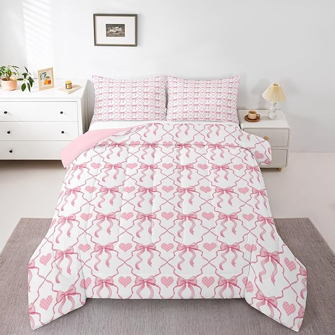 Erosebridal Pink Bow Bedding Set for Kids Teen Women,Cute Bowknot Girls Twin Comforter Set Kawaii Plaid Love Hearts Down Comforter Geometric Check Ribbon Bow Quilt Set