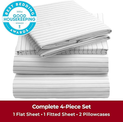 Mellanni Queen Sheets Set - 4 PC Iconic Collection Bedding - Hotel Luxury, Extra Soft, Cooling Bed Sheets - Wrinkle, Fade, Stain Resistant (Queen, Pinstripe Gray)