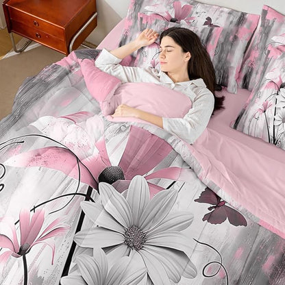 Feelyou Girls Daisy Flower Comforter Set with Sheets King Size 7 Pieces Kids Vintage Floral Butterfly Bedding Set for Boys Women Teens Pink Grey White Simple Modern Abstract Art Bed in a Bag