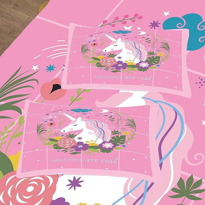 Tailor Shop Girls Unicorn Comforter Set Queen Size Unicorn Pink Bedding Sets for Girls Kids Flower Comforter Set Unicorn Room Decor Ultra Soft Bed Set with 2 Pillowcase…