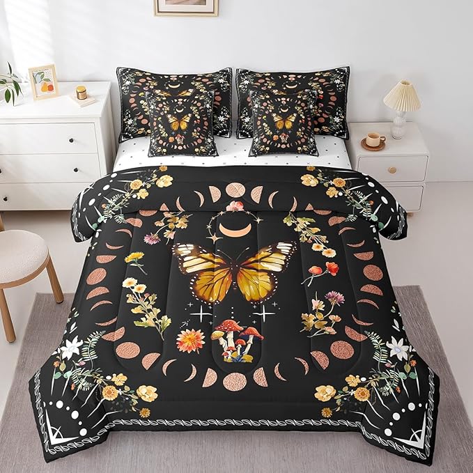 Feelyou Boho Butterfly Bedding Bed in a Bag with Comforter, Sun Moon Bedding Set with Comforter, Bohemian Mushroom Comforter for Women Men Wild Queen Size 7Pcs Room Decor