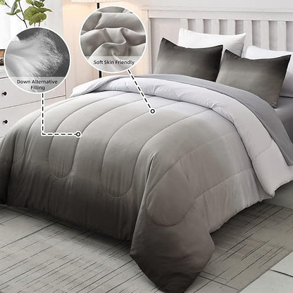 Grey Comforter Set Queen Size 7 Pieces Ombre Effects Gradient Black and Grey Bedding Bed in a Bag - All Season Lightweight Microfiber Bedding Sets with Comforter for Women Men Teens (90" x90")