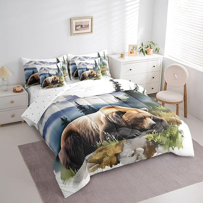 7Pcs Rustic Bear Print Comforter Set With Sheets, King Size Funny Brown Bear Bedding Bed In A Bag, Farmhouse Cabin Bed Set For Boys Kids Teens Watercolor Country Style Wild Animal Comforter