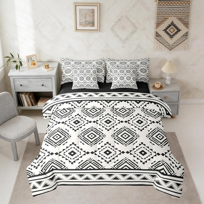 Erosebridal Boho Western Twin Comforter Set with Sheets 7 Piece Grey White Southwestern Bed in A Bag Rustic Farmhouse Aztec Bedding Sets for Women Men Modern Geometric Diamond Bed Set
