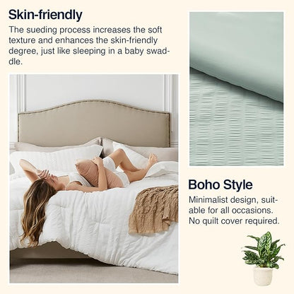 Sage Green Oversized Queen Comforter Set - 3 Pieces Seersucker Lightweight Bedding Comforter Sets (1 Soft Fluffy Comforter & 2 Pillowcases) - All Seasons Cozy Rustic Bed Sets for Women Men