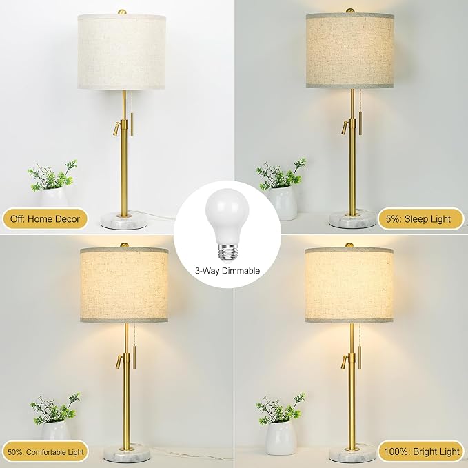Table Lamps for Bedrooms Set of 2, 22" to 30" Height Adjustable Nightstand Lamps with Linen Shade, Pull Chain Switch Lamps for Living Room, 3 Way Dimmable Beside Lamp