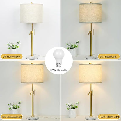 Table Lamps for Bedrooms Set of 2, 22" to 30" Height Adjustable Nightstand Lamps with Linen Shade, Pull Chain Switch Lamps for Living Room, 3 Way Dimmable Beside Lamp
