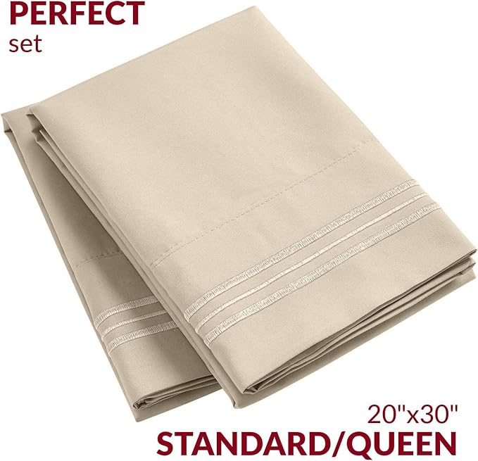 Mellanni Pillow Cases - Luxury, Extra Soft, Cooling Pillow Covers - 2 PC Iconic Collection Pillowcases - Envelope Closure (Standard/Queen 20" x 30", Beige)