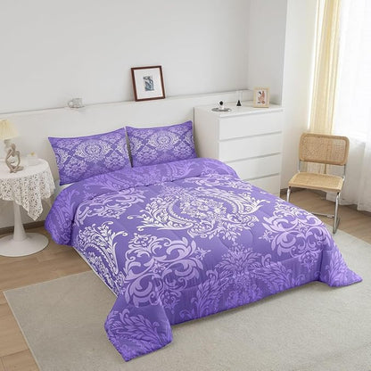 Feelyou Adults Purple Vintage Damask Floral Comforter Set Oriental Antique Comforter Twin Size Gothic Bohemia Boho Flower Bedding Set Bohemian Exotic Duvet Set Quilt Set 2Pcs