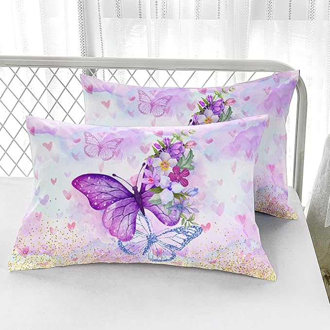 Violet Butterfly Comforter Set Queen Size 3 Pieces Bedding Set for Kids Teen Boys,，Cute Flower Butterfly Bedding Set for Bedroom Soft Microfiber All Season 3pcs(1 Comforter With 2 Pillowcases)