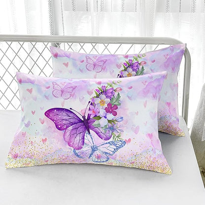 Violet Butterfly Comforter Set 3 Pieces Bedding Set for Kids Teen Boys King Size ，Cute Flower Butterfly Bedding Set for Bedroom Soft Microfiber All Season 3pcs(1 Comforter & 2 Pillowcases)