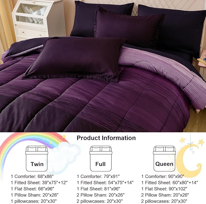 Dinjoy Girls Comforter Set Full Size Colorful Ombre Purple White Rainbow Bedding Set Bed in A Bag for Kid Teen Girls 7 Pieces (1 Comforter, 1 Flat Sheet, 1 Fitted Sheet, 2 Pillow Shams, 2 Pillowcases)