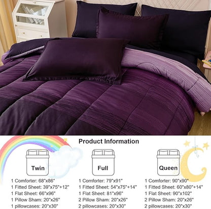 Dinjoy Girls Comforter Set Full Size Colorful Ombre Purple White Rainbow Bedding Set Bed in A Bag for Kid Teen Girls 7 Pieces (1 Comforter, 1 Flat Sheet, 1 Fitted Sheet, 2 Pillow Shams, 2 Pillowcases)