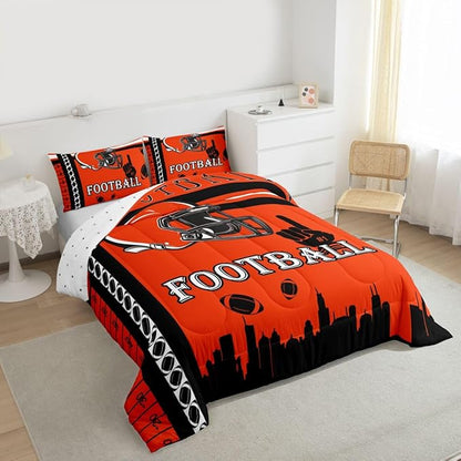 Feelyou Football Bedding Set Boys Girls Comforter Set Full Size Sports Themed Women Men Rugby Sport Duvet Quilt Football City Black Orange Room Decor