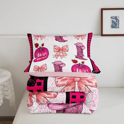 Erosebridal Pink Kawaii Cowgirl Bedding Comforter Sets King for Kids Girls Teen Women,Western Cowboy Boots Hat Bedding Set Cute Bowknot Pumpkin Comforter Set,Plaid Decor Quilt Duvet 2 Pillow Cases