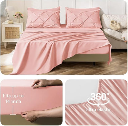 JOLLYVOGUE Queen Comforter Set 7 Pieces - Bed in a Bag Queen for All Season, Pintuck Bedding Comforter Sets with Comforter, Flat Sheet, Fitted Sheet and Pillowcases & Shams, Pink