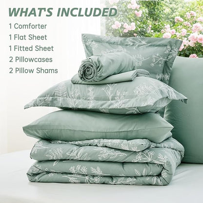 MUXHOMO Full Comforter Set, Sage Green Elegant Floral Print Bed in a Bag 7 Pieces, Ultra Soft & Breathable Reversible Botanical Pattern Bedding Set with Comforter, Sheets, Pillowcases, and Shams