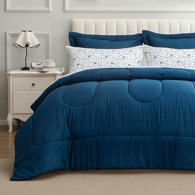 ARTALL Twin Bed in a Bag 5 Pieces, Navy Blue Solid Comforter with Ink Wash Butterfly Floral Sheet Set, Soft Reversible Bedding Sets with Comforter, Sheets, Pillowcase & Sham for All Seasons