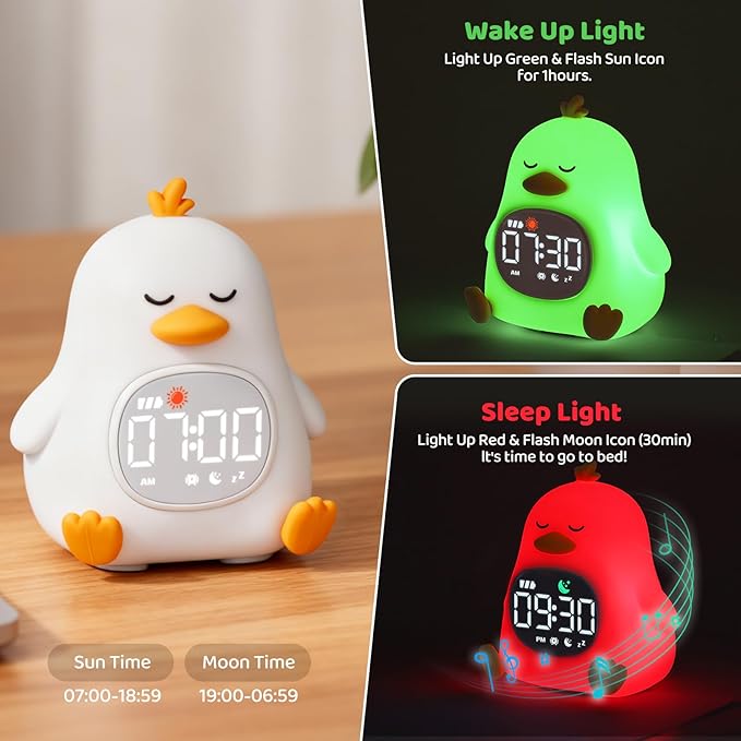 Sleepy Duck Alarm Clock with Night Light for Kids with Sleep Training and Sound Machine, Rechargeable Silicone Lamp OK to Wake Clock，Cute Animal Tabletop Lamp, Perfect Sleep Companion for Boys Girls