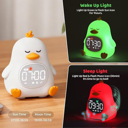 Sleepy Duck Alarm Clock with Night Light for Kids with Sleep Training and Sound Machine, Rechargeable Silicone Lamp OK to Wake Clock，Cute Animal Tabletop Lamp, Perfect Sleep Companion for Boys Girls